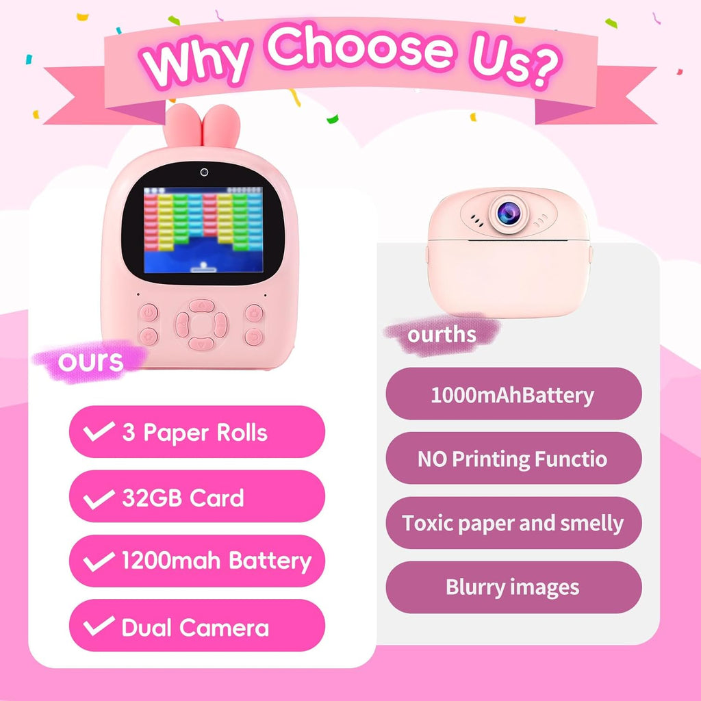 Appareil Photo Instantané Enfant avec Impression Thermique – Caméra HD 1080 P Double Objectif – Carte 32 GB Incluse - Rose
