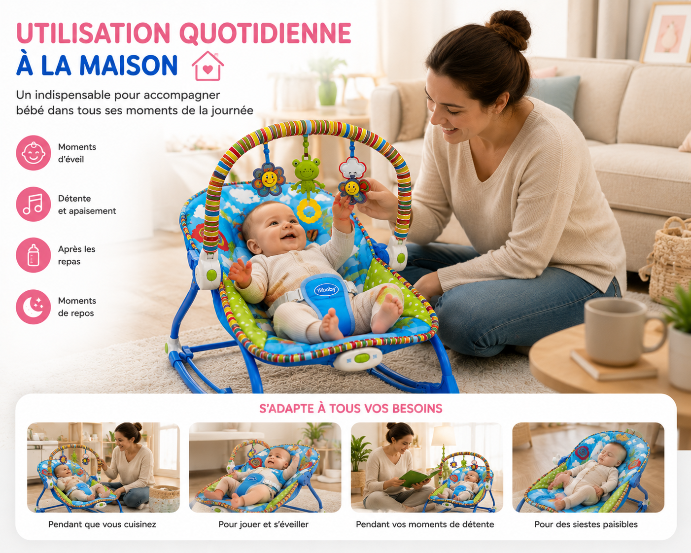 iBaby Transat Bébé Évolutif 2 en 1 avec Musique & Vibrations – Rose ou Bleu