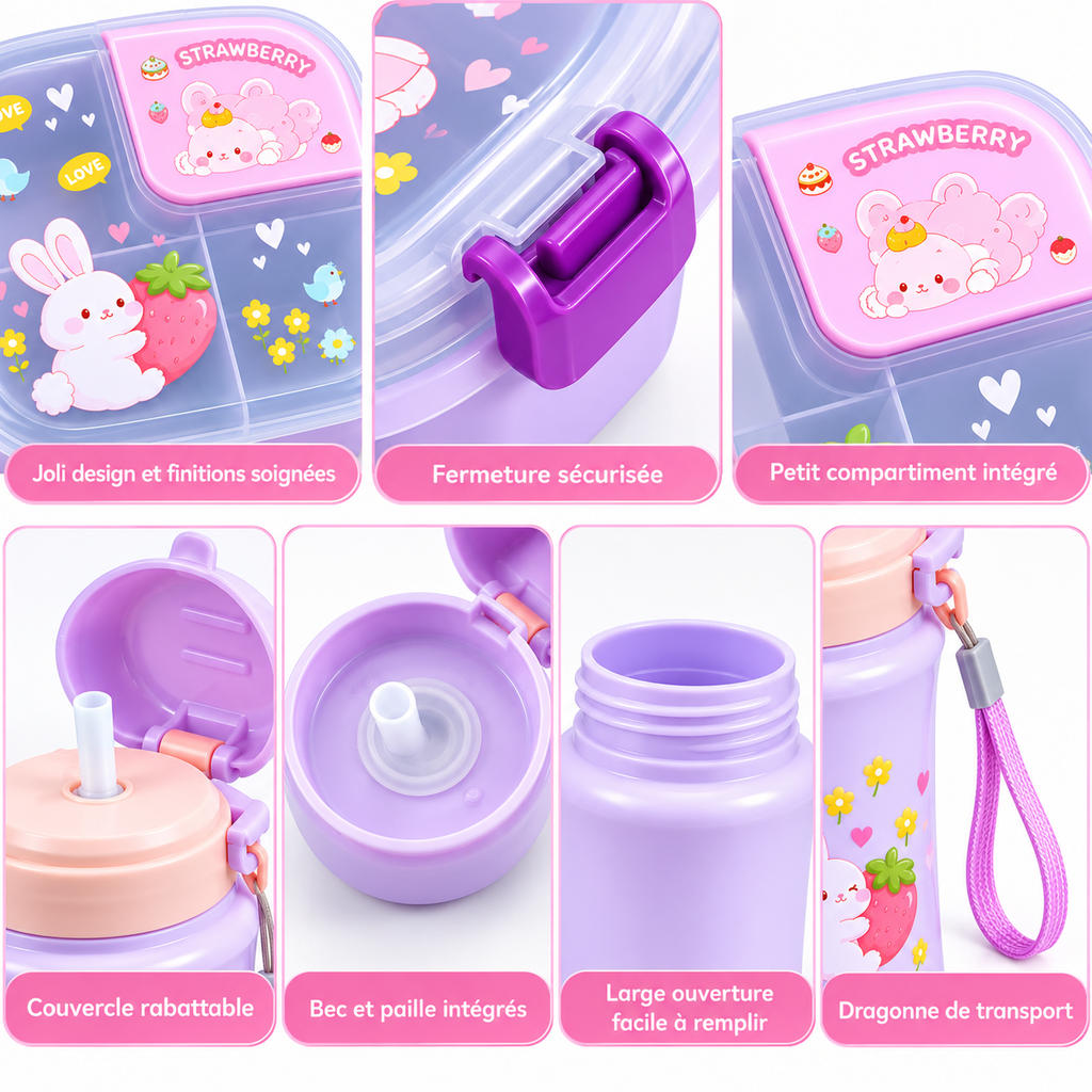 Set Lunch Box Compartimentée + Gourde 500 ml – Lapin Fraise Lilas