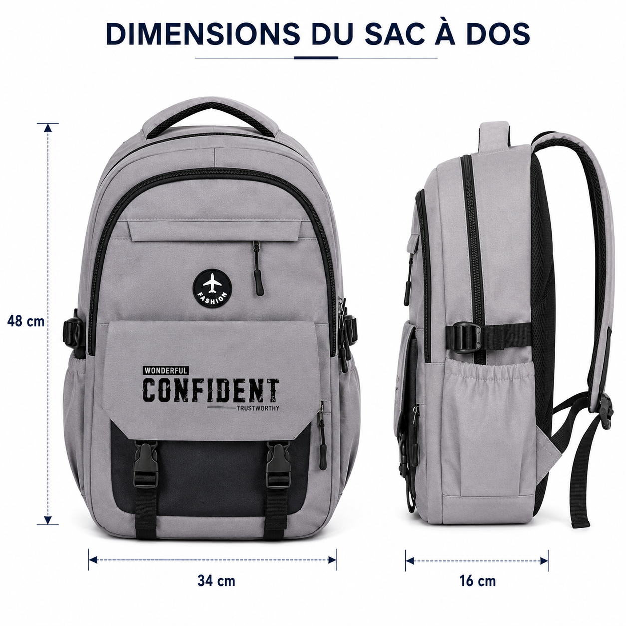 Sac à Dos Scolaire Confident Collège & Lycée - Grande Capacité 48 × 34 × 16 cm – Gris