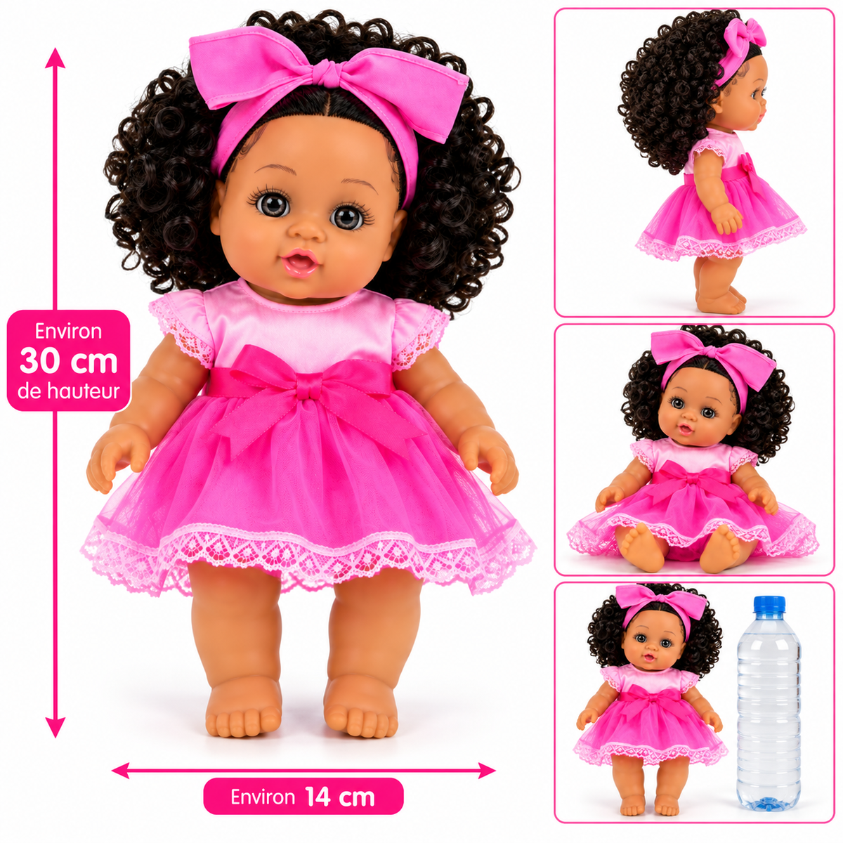 Poupée Bébé Fille Parlante 30 cm – Robe Rose & Grand Nœud