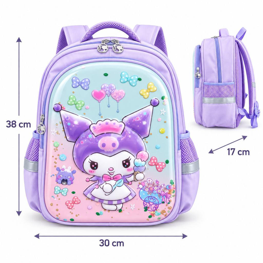 Sac à Dos Fille Kuromi Lilas 3D à Paillettes Mobiles - Classes de CE & CM – 38 × 30 × 17 cm