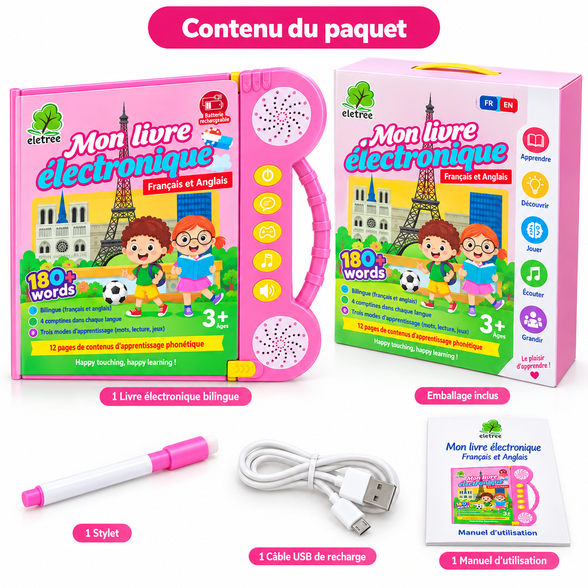 Livre Éducatif Électronique Bilingue Français–Anglais – 180+ Mots – Rose – Dès 3 Ans - Rechargeable