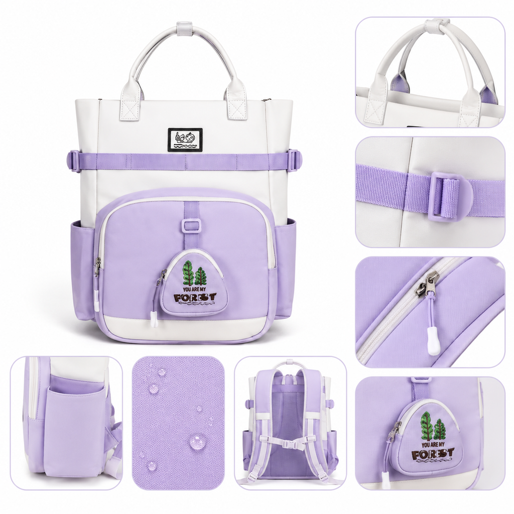 Sac à Dos Scolaire Fille Style Coréen en Toile - Mauve et Blanc – Collège et Lycée