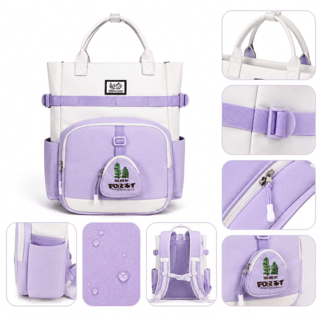 Sac à Dos Scolaire Fille Style Coréen en Toile - Mauve et Blanc – Collège et Lycée