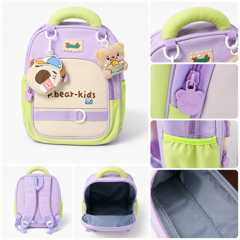 Sac à Dos Maternelle P.Bear Kids - Violet, Beige et Vert – 2 à 5 Ans