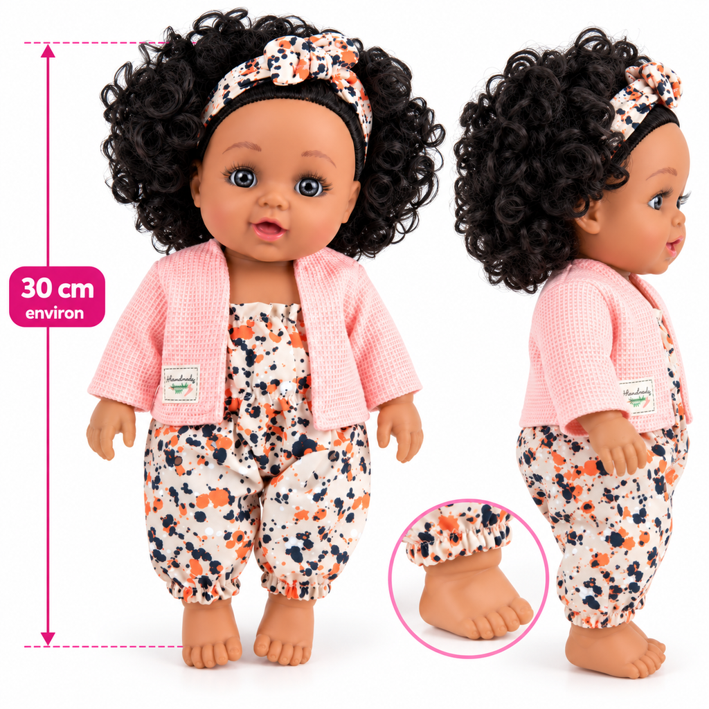 Poupée Bébé Fille Parlante 30 cm – Tenue Imprimée & Gilet Rose