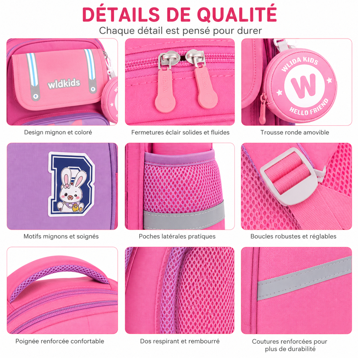 Sac à Dos Scolaire Enfant Wldkids Rose – Classes de CE & CM – Avec Trousse Ronde Amovible