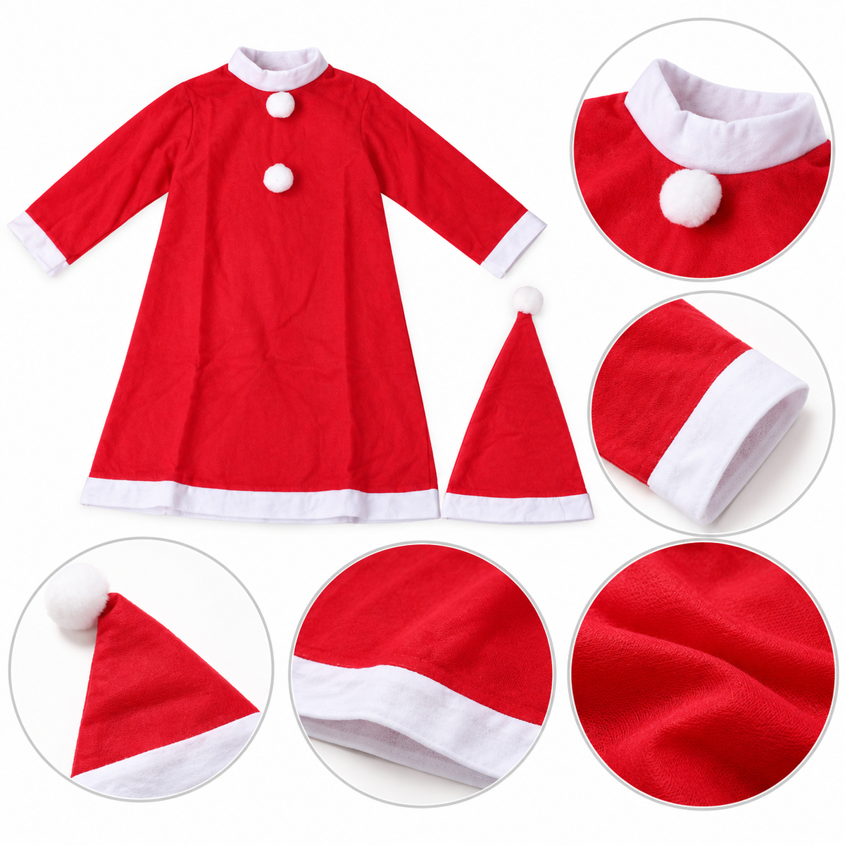Costume Mère Noël Fille – Robe Rouge & Blanche avec Bonnet – 0 à 13 Ans