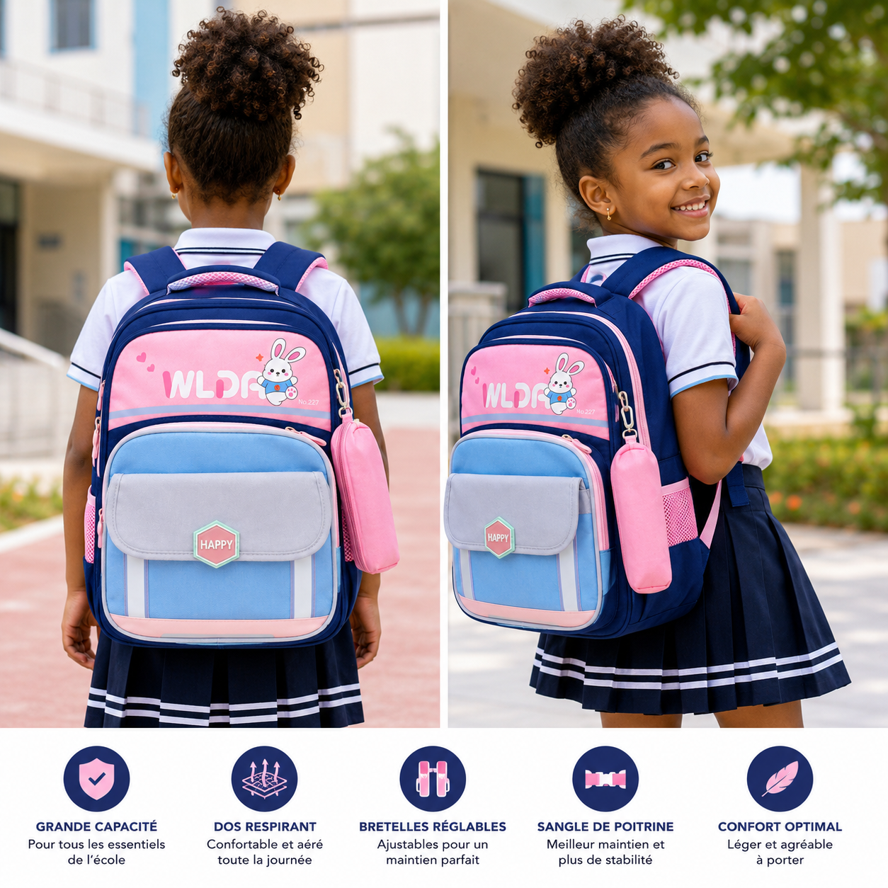 Sac à Dos Scolaire Enfant Lapin WLDA – Classes de CE & CM - Grande Capacité 41 × 30 × 16 cm – Bleu, Rose & Gris