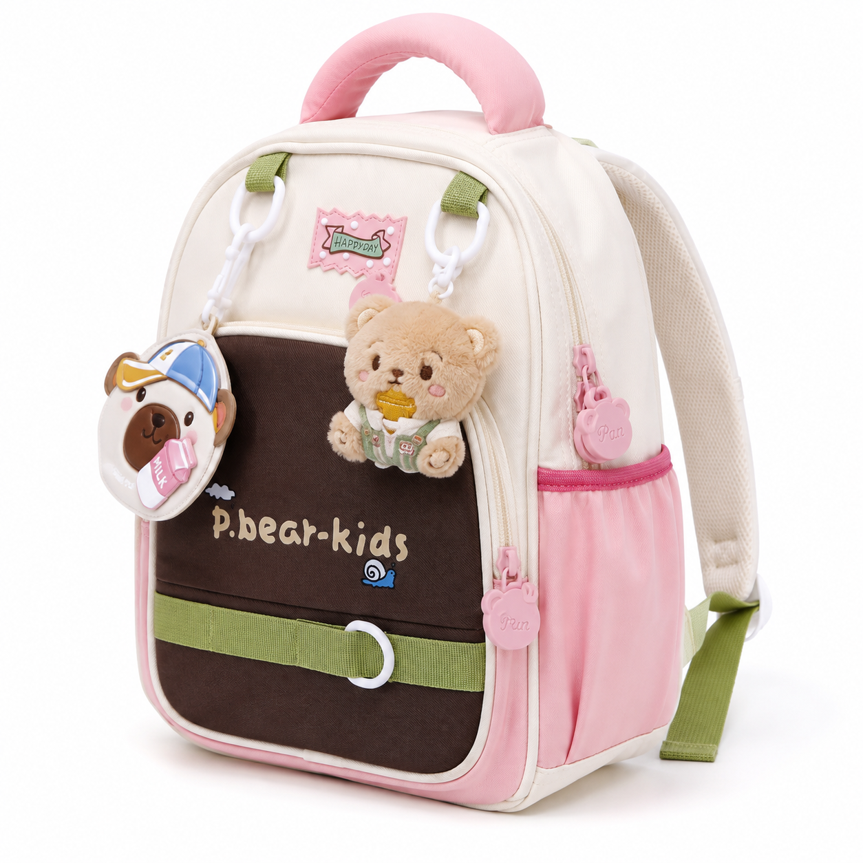 Sac à Dos Maternelle & CP P.Bear Kids Beige, Rose & Vert – 38 × 28 × 15 cm – 2 à 5 Ans