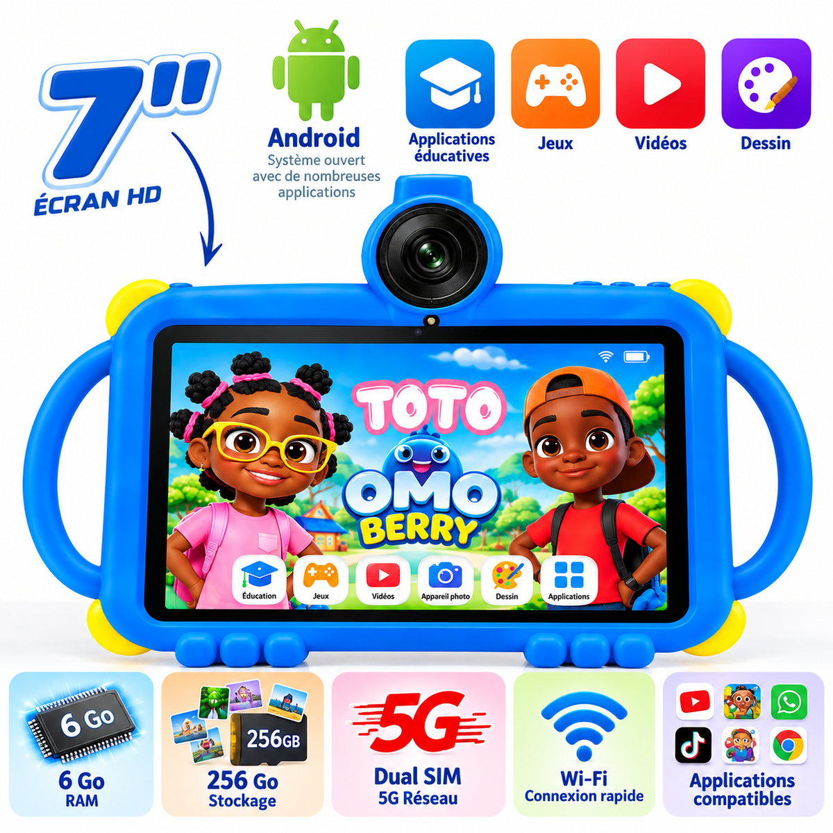 Tablette Enfant BéBé-TAB TOTO 7" – Android – 6 Go + 256 Go – 5G Dual SIM