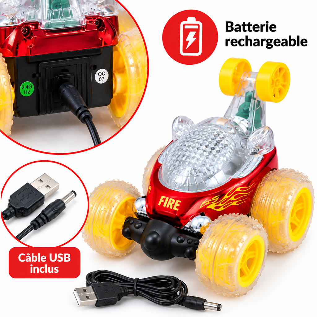 Voiture Acrobatique Télécommandée Stunt Cars No.102 – Rotation 360° – Lumières & Musique – Rechargeable
