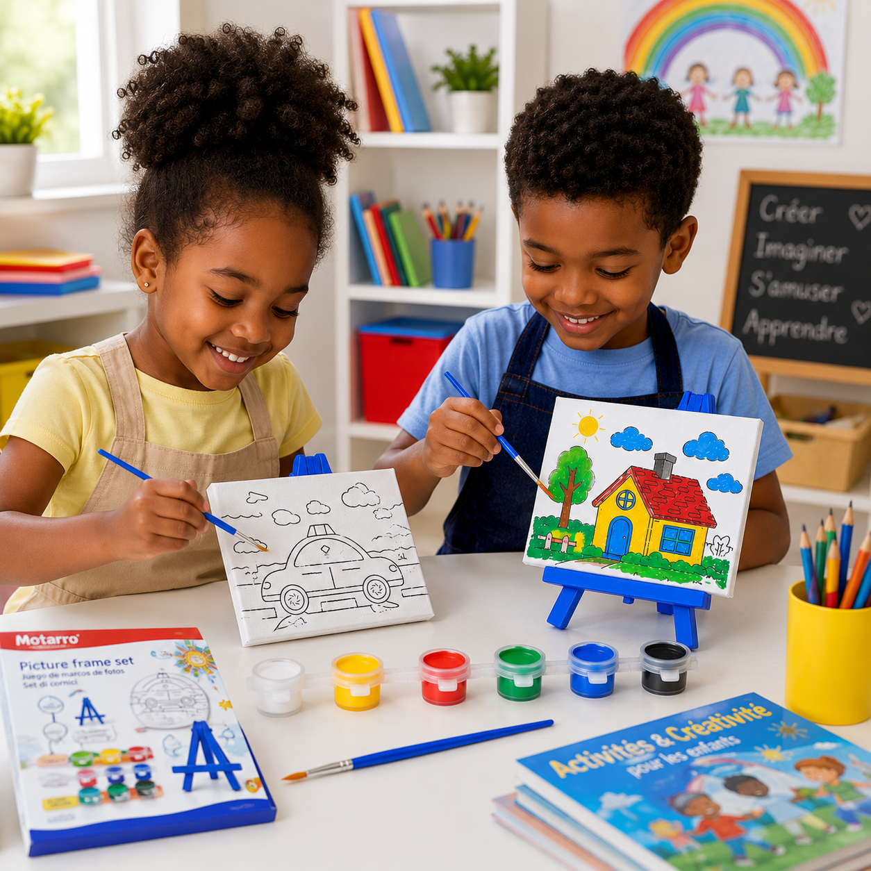 Motarro Kit Créatif Cadres à Peindre – 2 Tableaux avec Chevalets, 6 Peintures & Pinceau