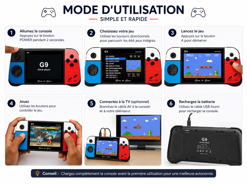 Console Portable G9 650+ Jeux Intégrés – Écran HD 3 Pouces – Rechargeable – Sortie TV