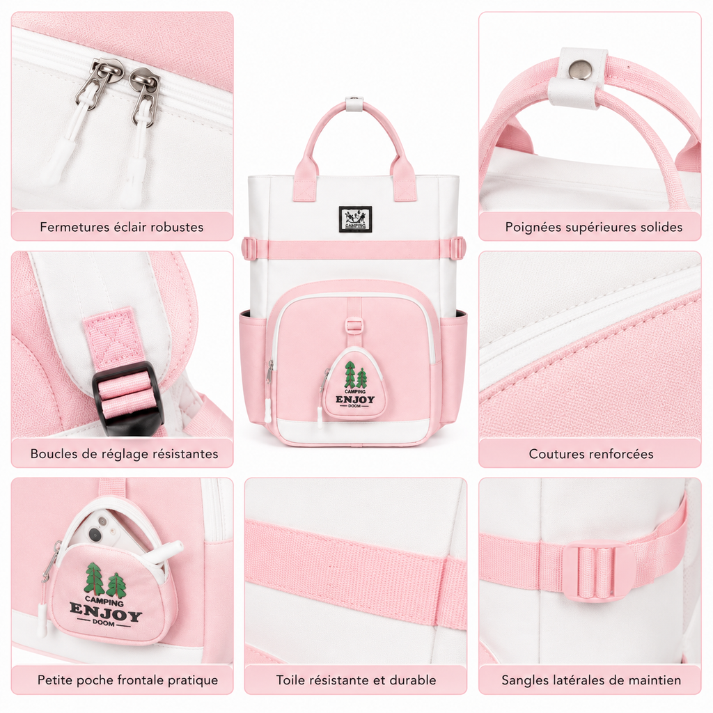 Sac à Dos Scolaire Fille Style Coréen en Toile - Rose et Blanc- Collège & Lycées