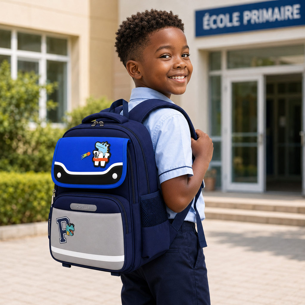 Sac à Dos Scolaire Enfant Dinosaure Bleu Marine & Bleu Royal - Classes de CM – Grande Capacité – Dos Respirant – Bretelles Rembourrées