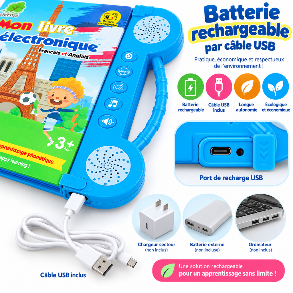 Livre Éducatif Électronique Bilingue Français–Anglais – 180+ Mots – Dès 3 Ans - Rechargeable