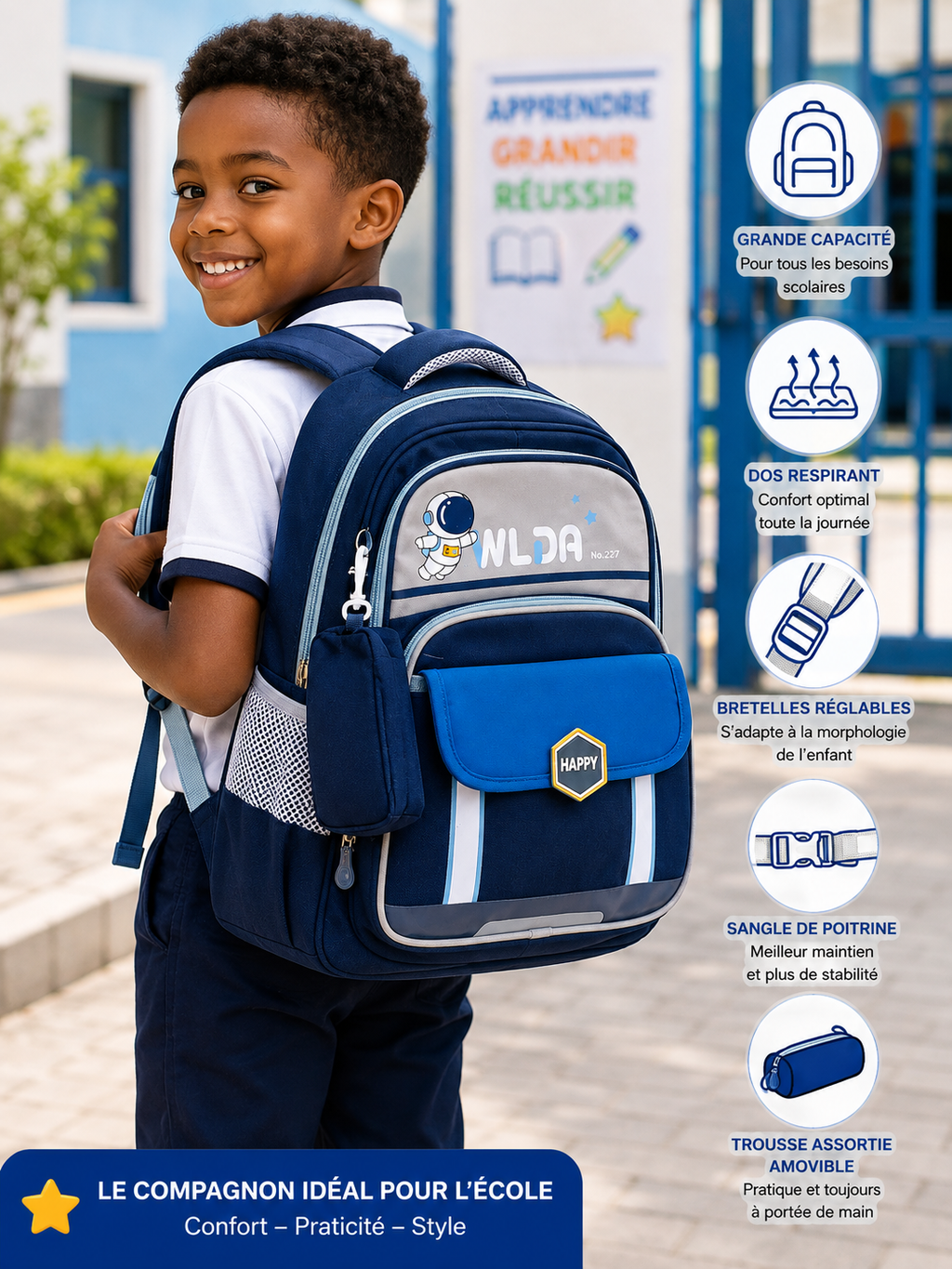 Sac à Dos Scolaire Enfant Astronaute WLDA – Grande Capacité pour Classes de CE et CM - 41 × 30 × 16 cm – Bleu