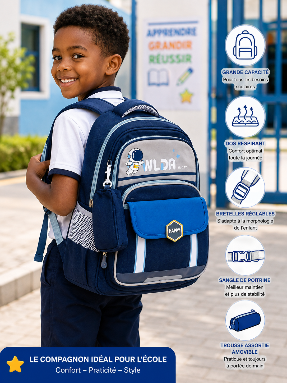 Sac à Dos Scolaire Enfant Astronaute WLDA – Grande Capacité pour Classes de CE et CM - 41 × 30 × 16 cm – Bleu