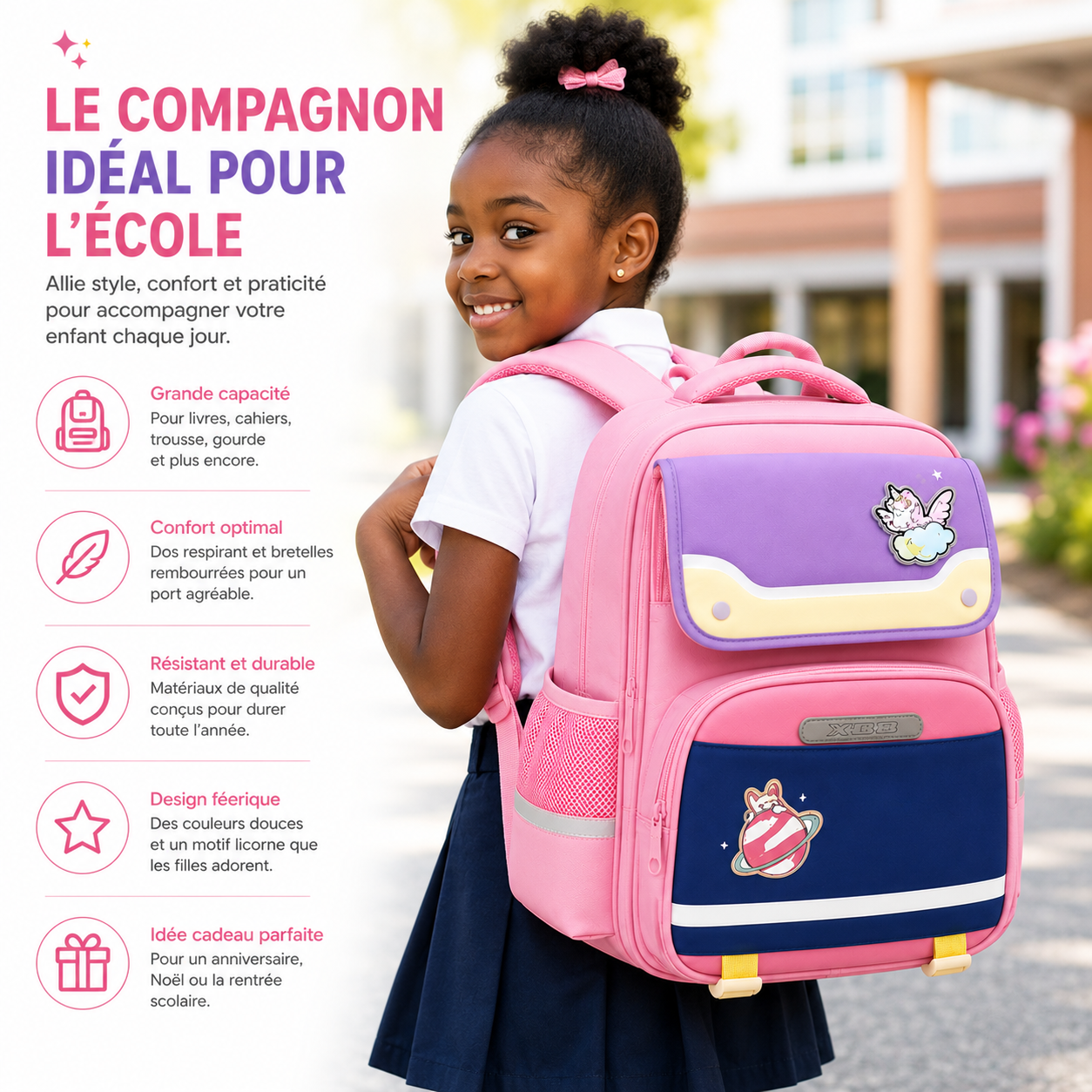 Sac à Dos Scolaire Fille Licorne Rose Classes de CM – Grande Capacité – Dos Respirant – Bretelles Rembourrées
