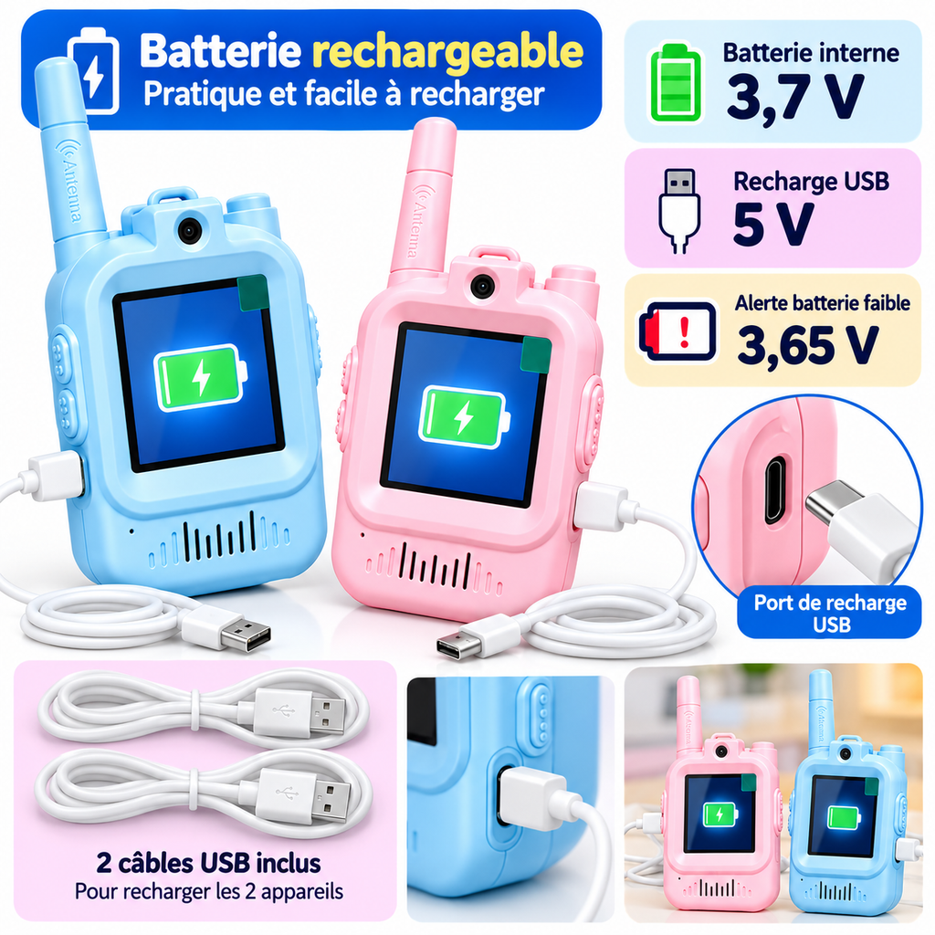 Talkie-Walkies Vidéo Enfant avec Écran 2", Caméra & Photos – Bleu + Rose – Lot de 2