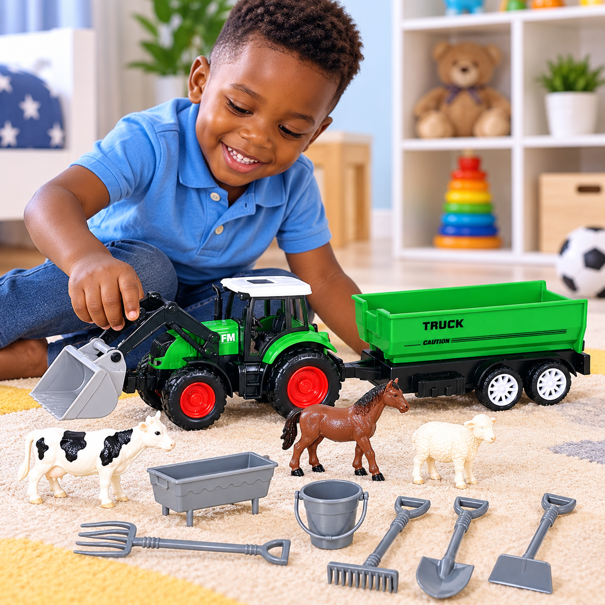 Set Ferme avec Tracteur Métal, Remorque, Animaux & Accessoires – 3 Ans+