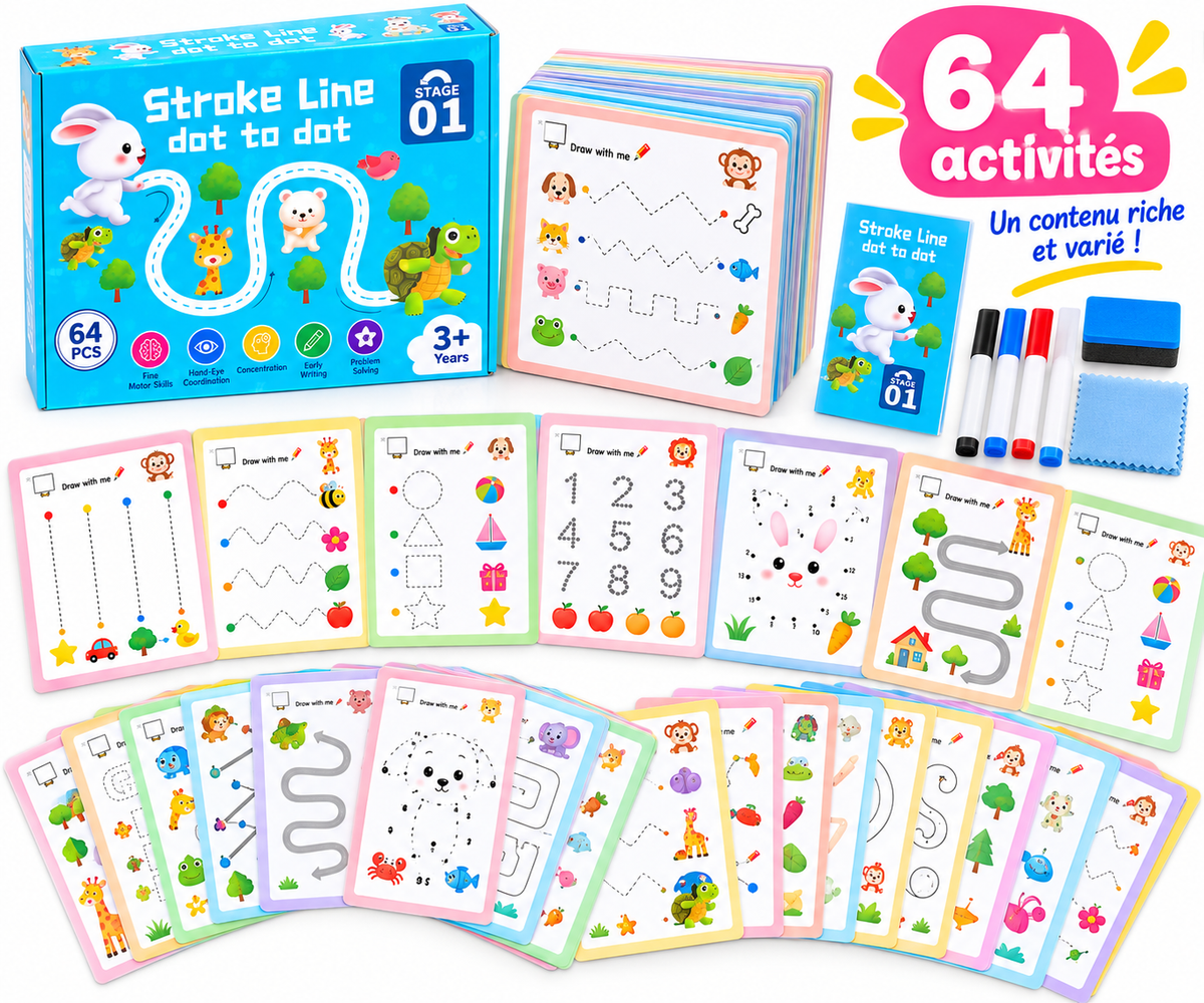 Coffret Éducatif Stroke Line Dot-to-Dot – 64 Activités de Tracé dès 3 Ans