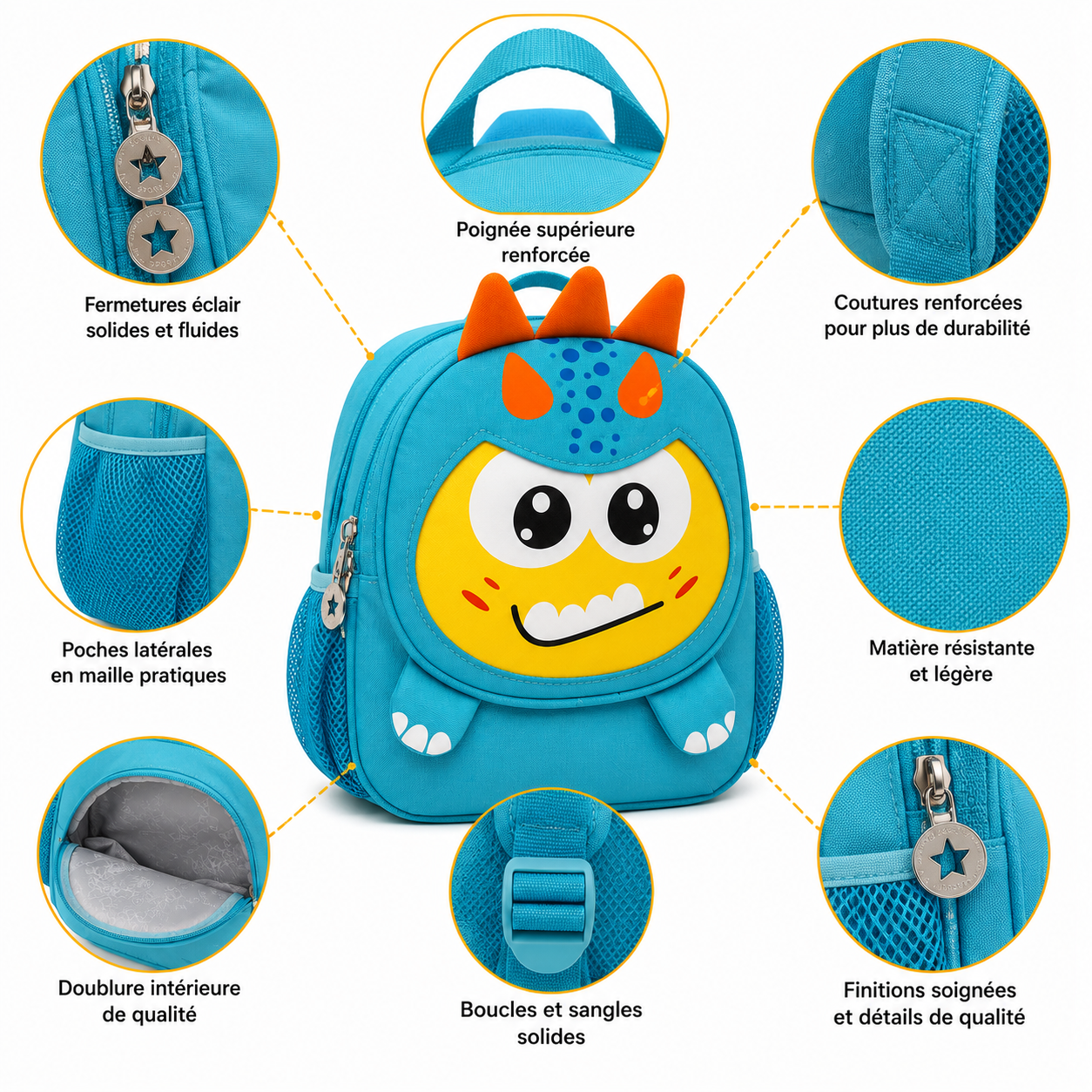 Sac à Dos Enfant Dinosaure Milai Duo - Bleu turquoise et Jaune – Maternelle – Compact, léger et mignon
