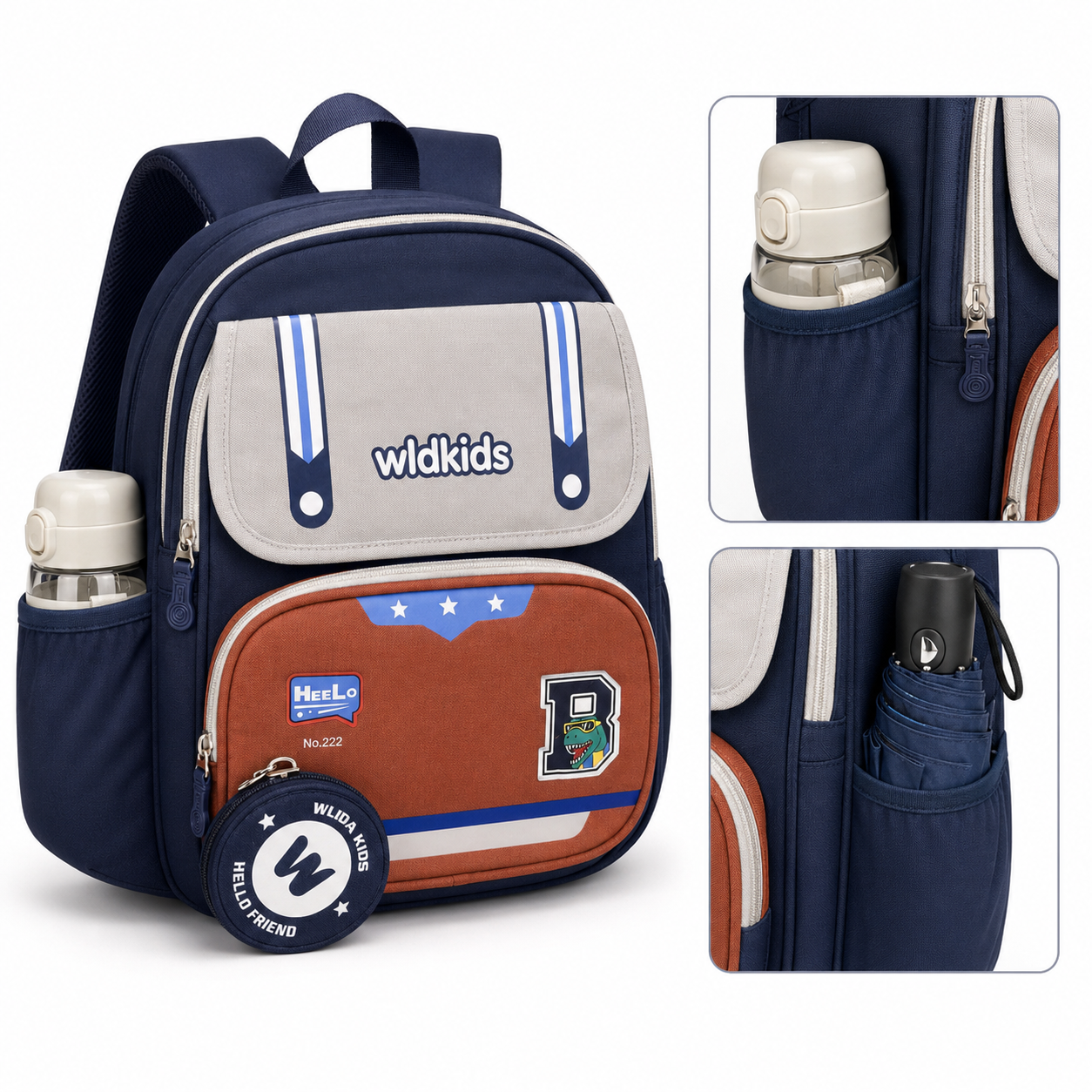 Sac à Dos Scolaire Wldkids - Classes de CE1 & CE2 – Bleu & Gris – Grande Capacité avec Trousse Ronde Amovible
