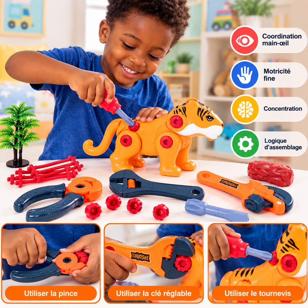 Set d’Outils Enfant avec Tigre Démontable – Jeu de Bricolage – 3 Ans+