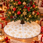 Jupe de Sapin de Noël Blanche 60 cm – Effet Fourrure & Flocons Dorés