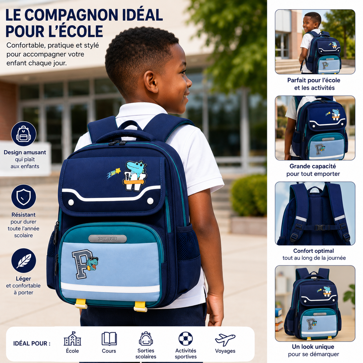 Sac à Dos Scolaire Enfant Dinosaure Bleu Classes de CM – Grande Capacité – Dos Respirant – Bretelles Rembourrées – Kidoo