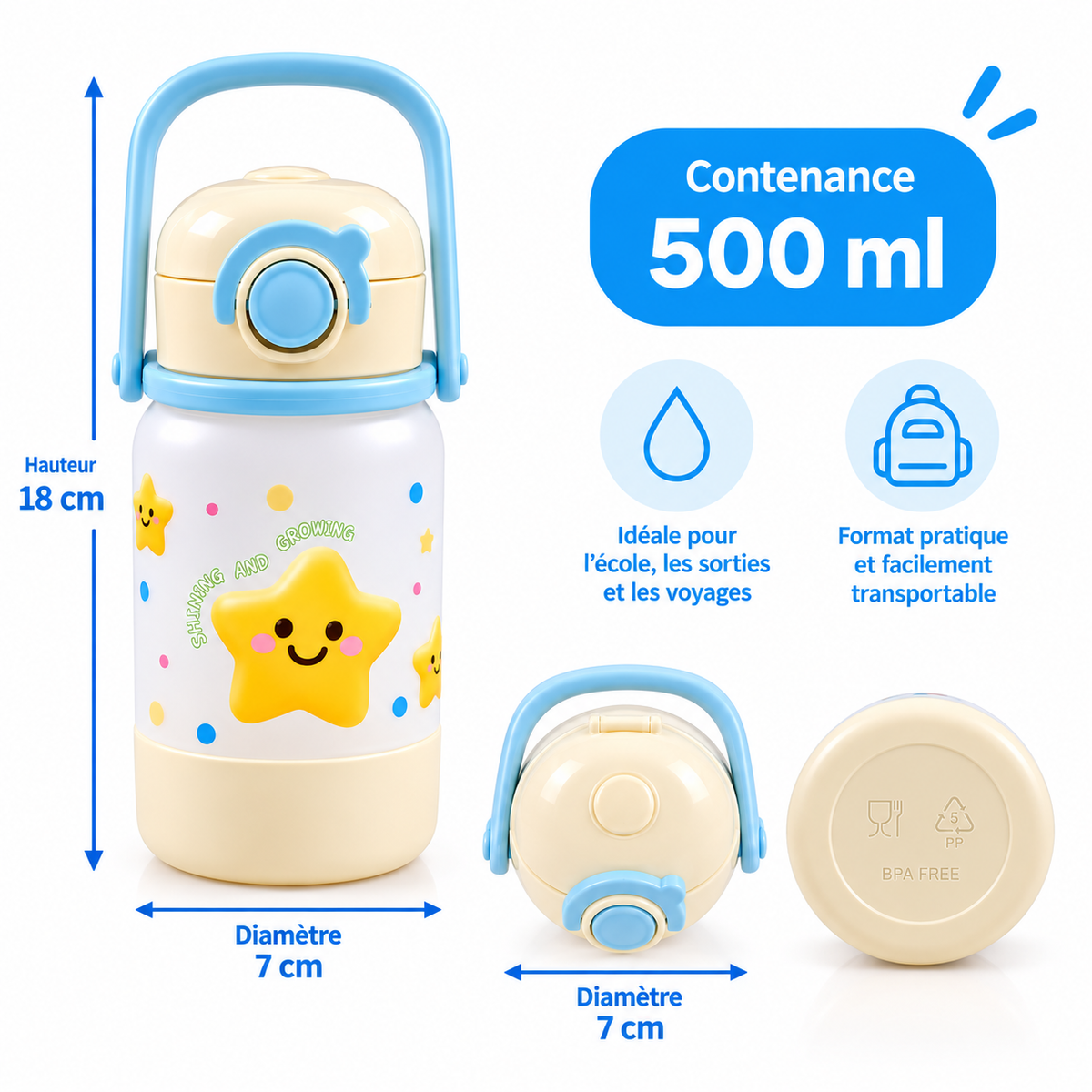 Gourde Enfant avec Paille, Poignée et Couvercle – Motif Étoile - 500 ml