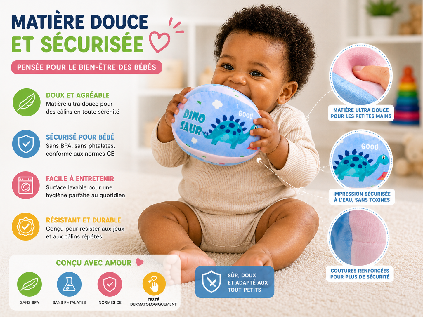 Lot de 3 Ballons Souples Dinosaure pour Bébé et Enfant – Jeu Sensoriel et Motricité
