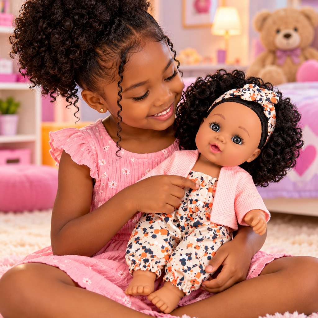 Poupée Bébé Fille Parlante 30 cm – Tenue Imprimée & Gilet Rose