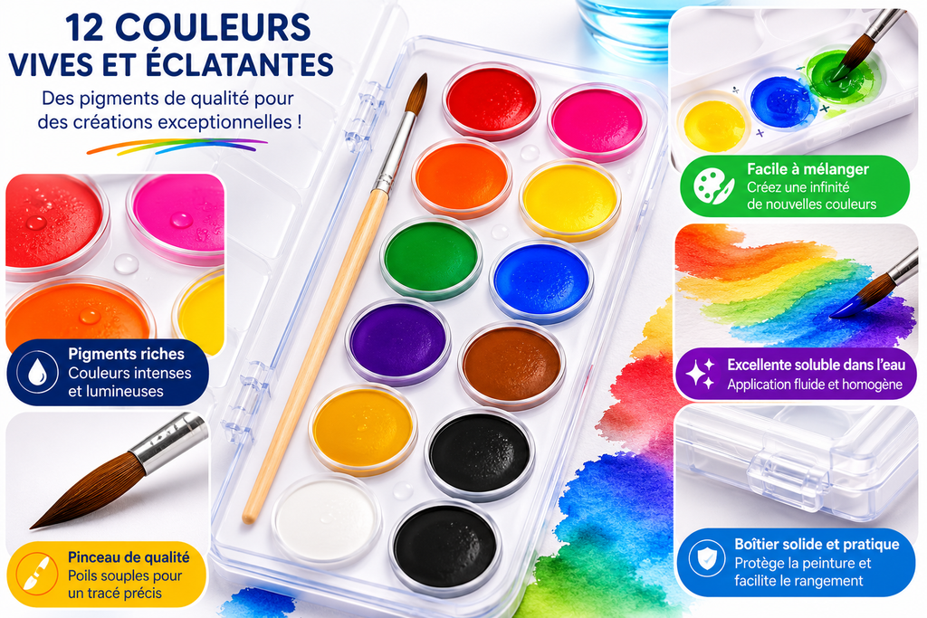 Deli Color Emotion Peinture Aquarelle  12 Couleurs avec Pinceau – Palette Créative Enfant
