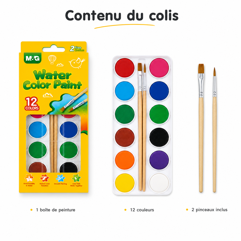 Boîte de Peinture Aquarelle M&G 12 Couleurs avec 2 Pinceaux – Kit Créatif Enfant
