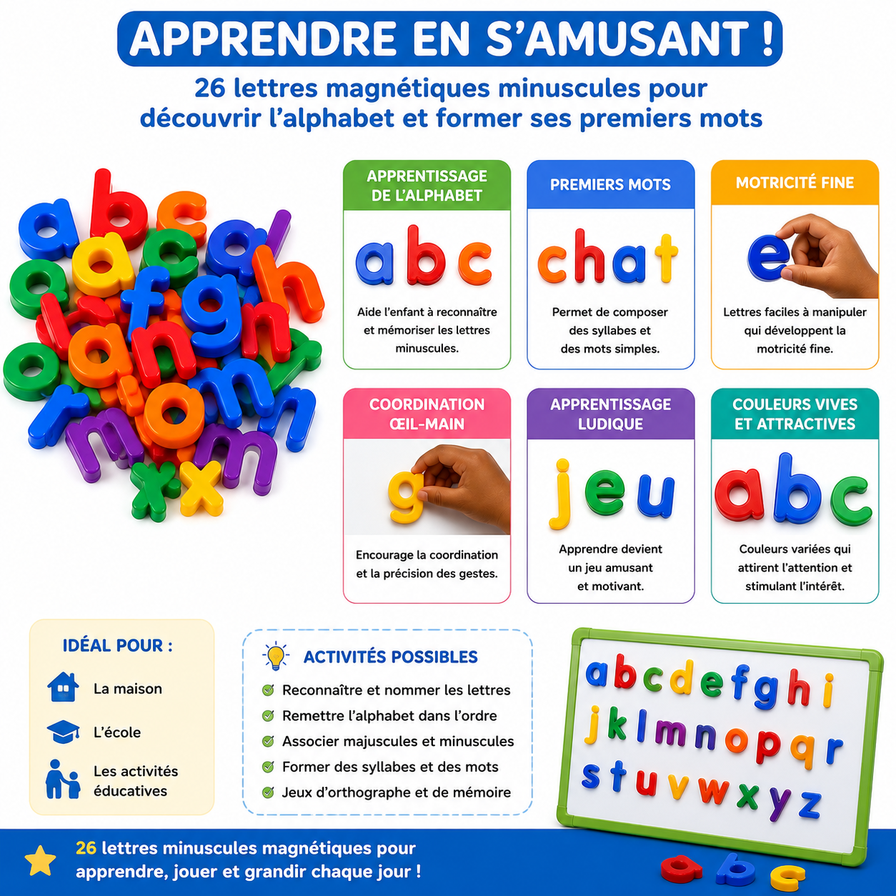 Motarro Lettres Magnétiques Minuscules – Alphabet 26 Pièces
