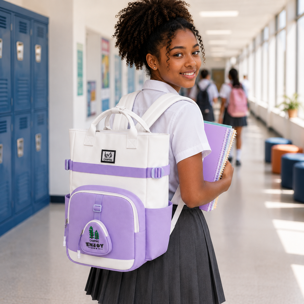 Sac à Dos Scolaire Fille Style Coréen en Toile - Mauve et Blanc – Collège et Lycée