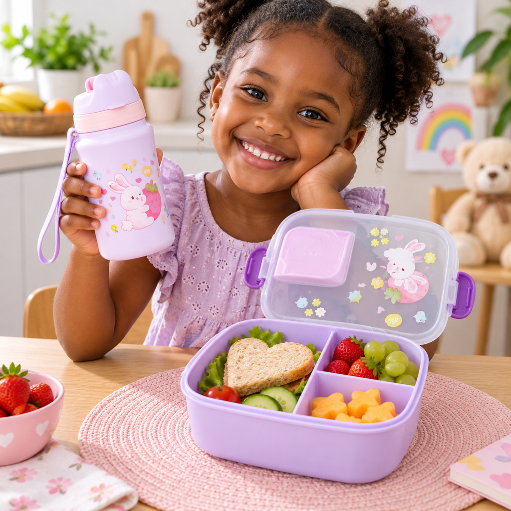 Set Lunch Box Compartimentée + Gourde 500 ml – Lapin Fraise Lilas