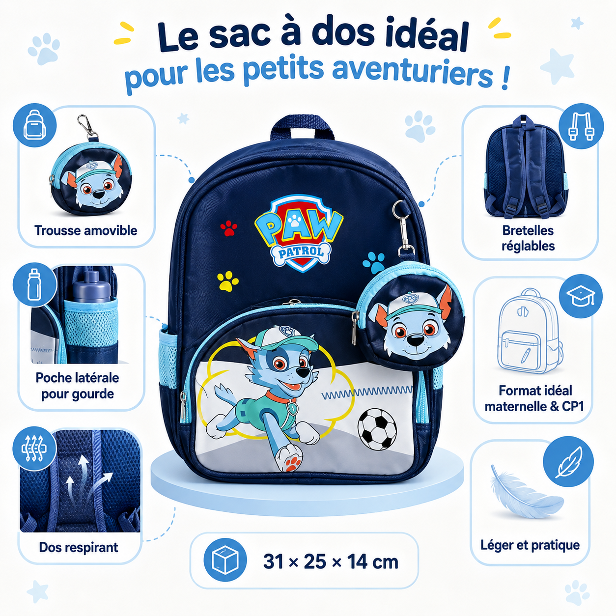 Sac à Dos Enfant Paw Patrol Marshall - Maternelle & CP - Bleu Marine – avec Petite Trousse Amovible