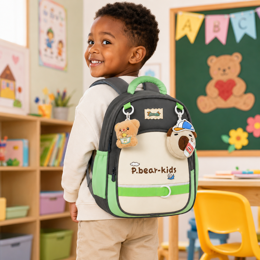 Sac à Dos Maternelle P.Bear Kids Gris, Beige et Vert – Enfant 2 à 5 Ans