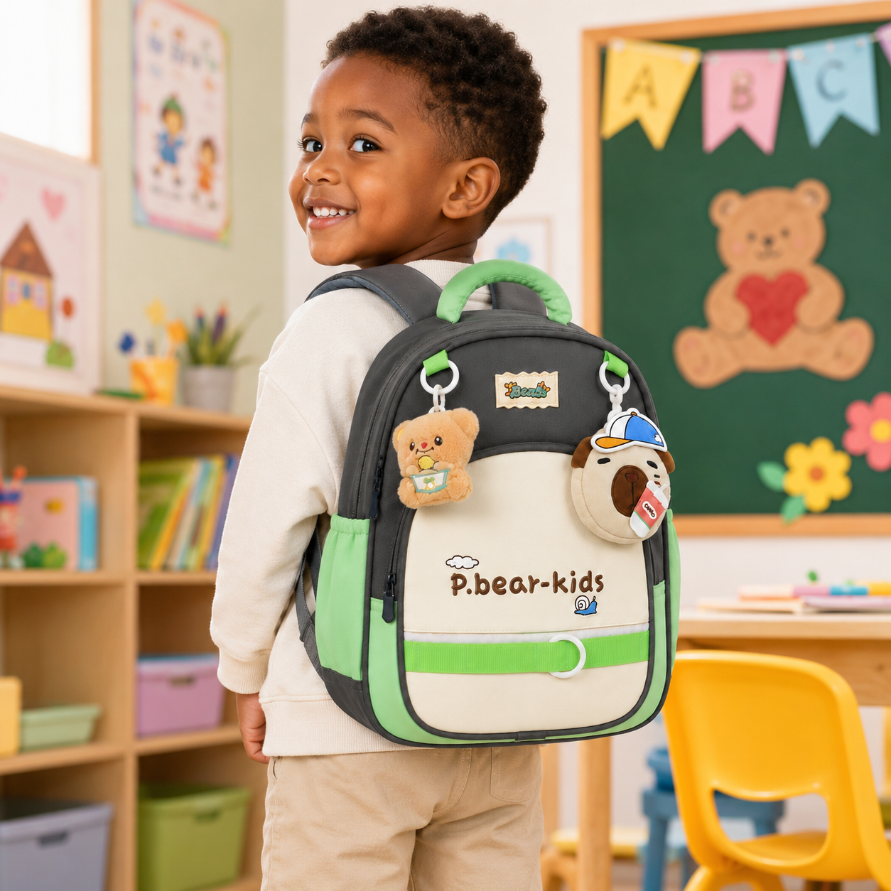 Sac à Dos Maternelle P.Bear Kids Gris, Beige et Vert – Enfant 2 à 5 Ans