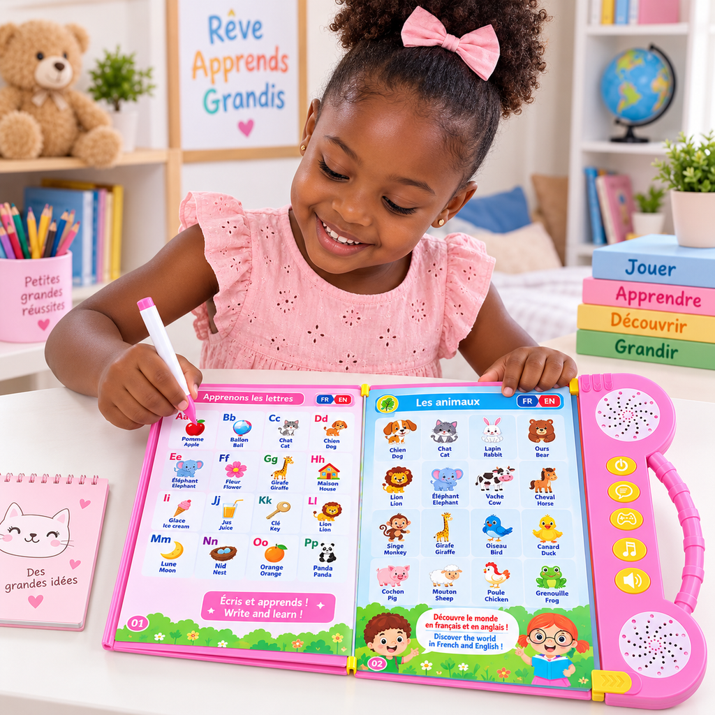 Livre Éducatif Électronique Bilingue Français–Anglais – 180+ Mots – Rose – Dès 3 Ans - Rechargeable