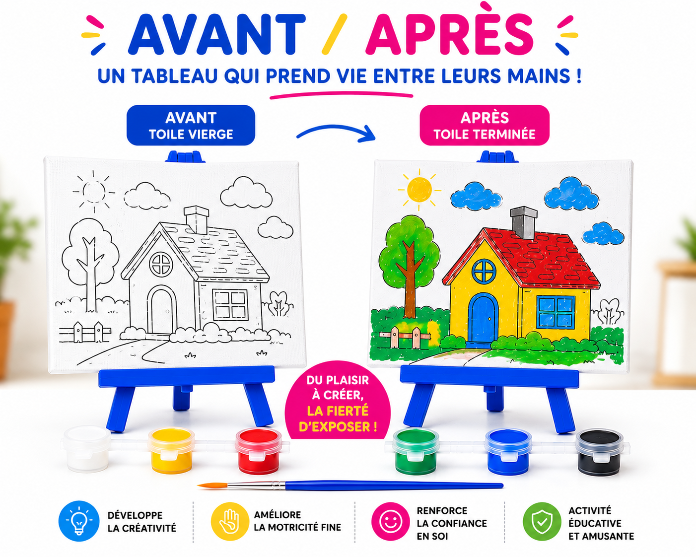 Motarro Kit Créatif Cadres à Peindre – 2 Tableaux avec Chevalets, 6 Peintures & Pinceau