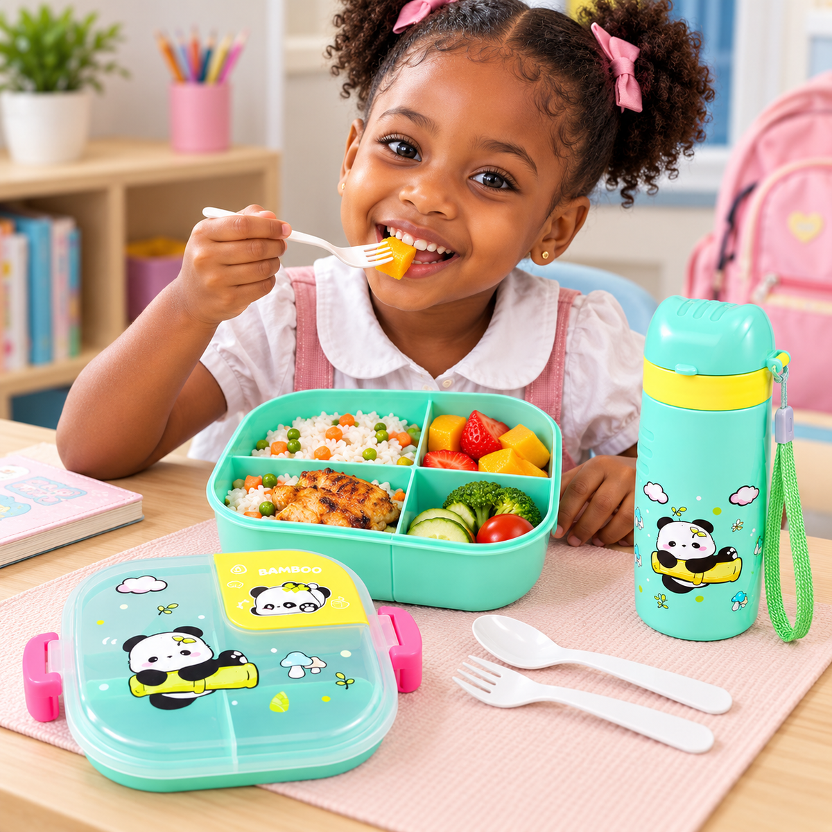 Set Lunch Box Compartimentée Panda Vert Menthe + Gourde 500 ml