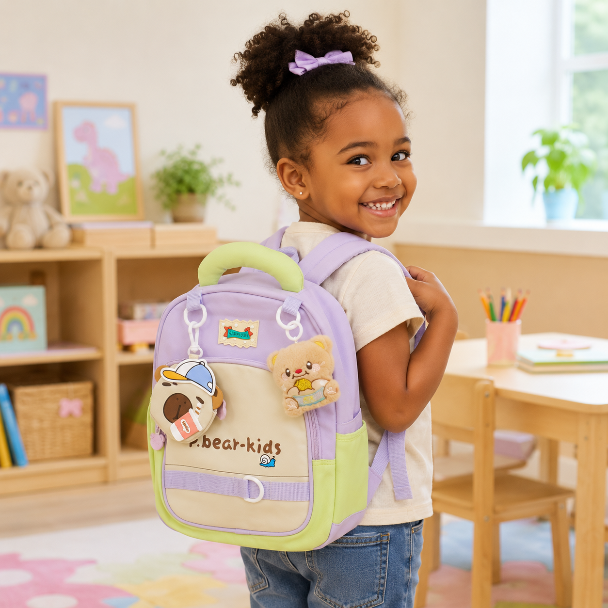 Sac à Dos Maternelle P.Bear Kids - Violet, Beige et Vert – 2 à 5 Ans