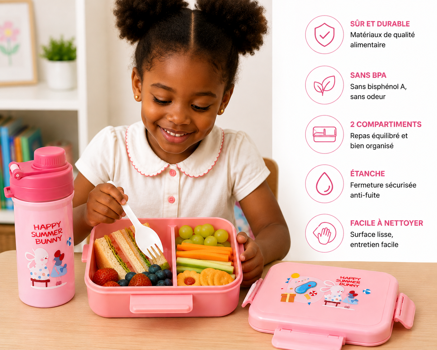 Set Repas Enfant Happy Summer Bunny – Lunch Box Compartimentée + Gourde Rose
