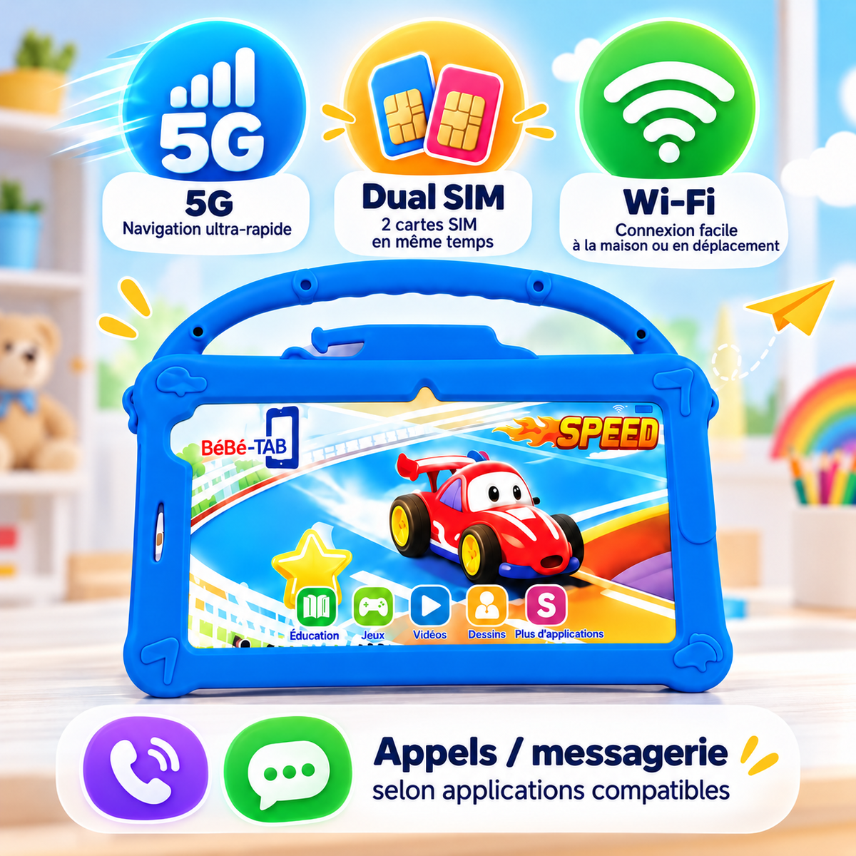 Tablette Enfant BéBé-TAB SPEED 7" – Android – 8 Go + 512 Go – 5G Dual SIM